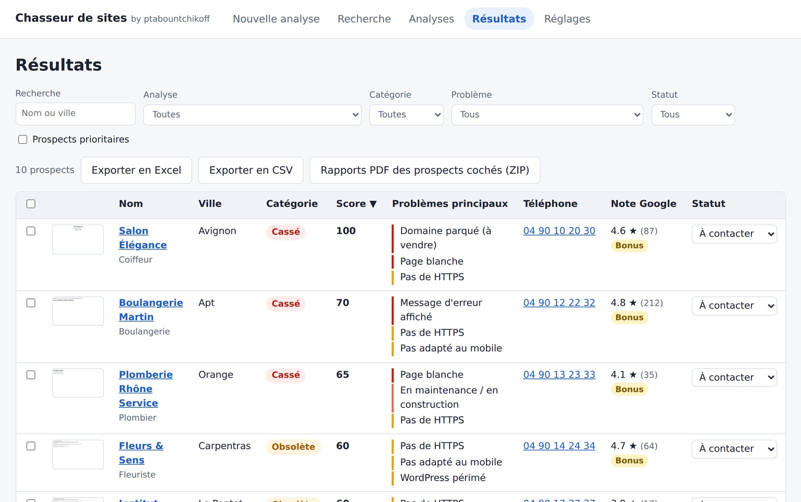 Chasseur de sites : liste d'entreprises classées par score, avec les sites cassés et obsolètes, les problèmes trouvés, le téléphone et la note Google
